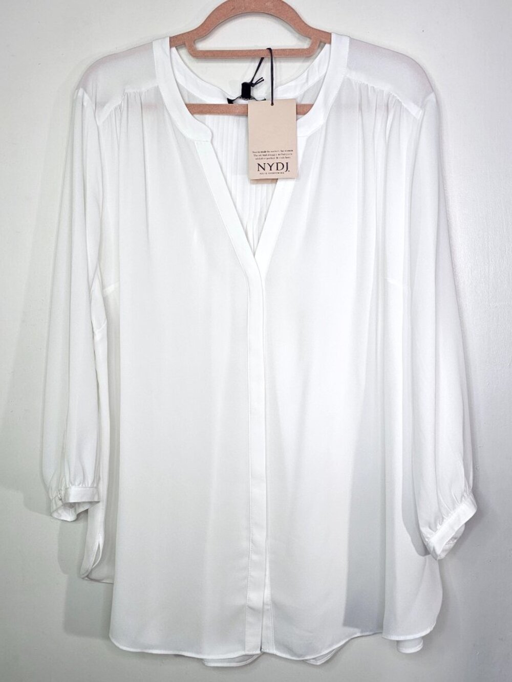 NWT NYDJ Pintuck Split Neck Long Sleeve Blouse Top 1X Optic White